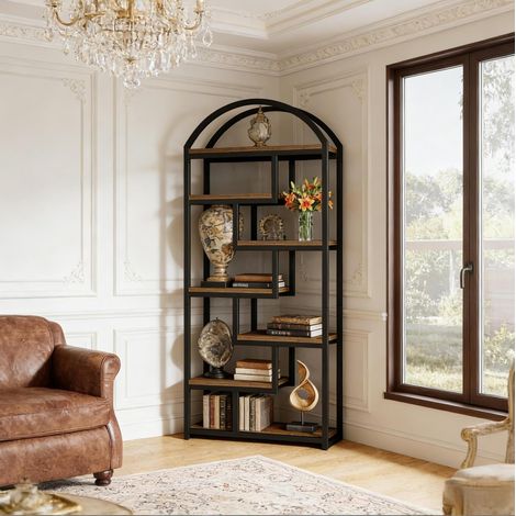 Libreria a 7 ripiani in MDF e metallo, 80 x 30 x 180 cm, nero e marrone rustico DESVIAE (1/5)