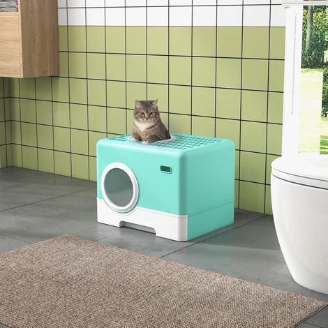 Bac à litière pour chat avec couvercle et pelle. Double entrée et plateau amovible. 52 x 41 x 38,5 cm. Vert.