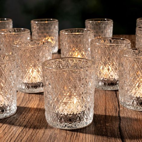 Photophore Verre Transparent, Photophore Bougie Losanges en Relief, Bougeoir Verre pour Bougie Chauffe-Plat, Décoration de Table Mariage Anniversaire Fête Dîner (1/5)