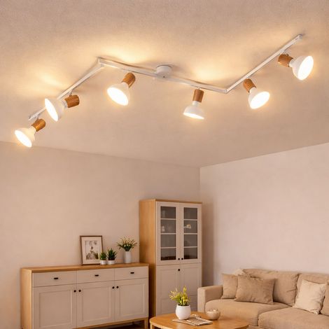 Deckenleuchte Deckenstrahler Schlafzimmerlampe Spotleiste, 6-flammig, verstellbar, Metall, Holzoptik, weiß, 6x E14 Fassungen, LxBxH 150x13x16 cm