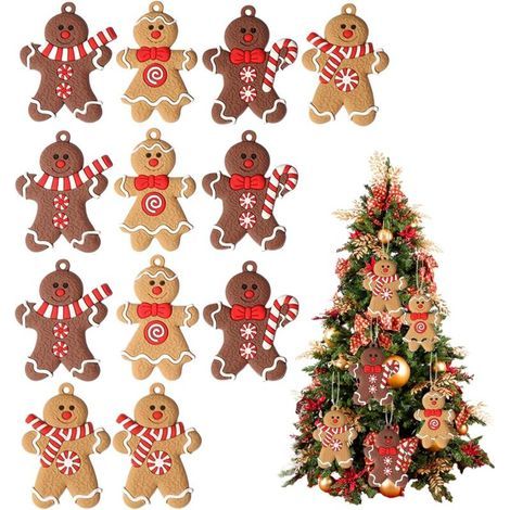 Set mit 12 Lebkuchenhaus-Weihnachtsbaumdekorationen, Schneemannfiguren und Anhängern (1/5)