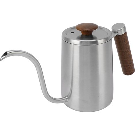 Bouilloire à café à filtre en acier inoxydable 304, bec verseur étroit en col de cygne, poignée en bois, 600 ml, couleur sablée (1/5)