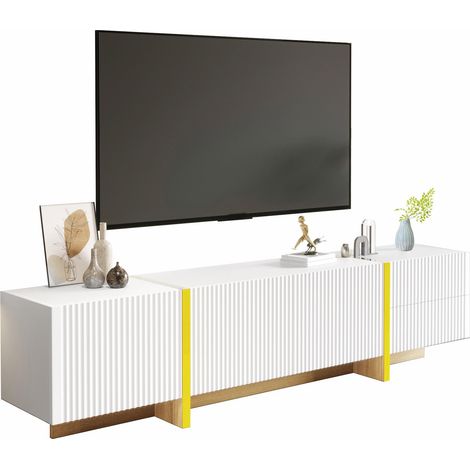 Meuble TV 190 cm, 3 portes, 2 tiroirs, blanc avec finitions dorées et imitation bois (1/5)