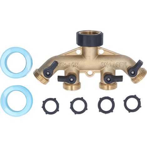 Robinet de jardin diviseur 4 voies en laiton robuste, adaptateur pour robinet 3/4 pouce avec 4 vannes individuelles (1/5)