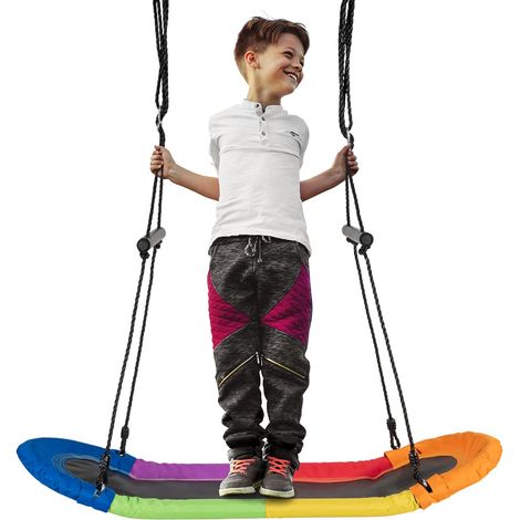 GOPLUS Balancoire Nid d’Oiseau de Surf, Trapeze Ovale avec Hauteur reglable de 100 a 160CM, Escarpolette avec Poignee, Bascule avec Sieges Suspendus, Convient a Patio, Cour, Exterieur (Multicolore) (1/5)