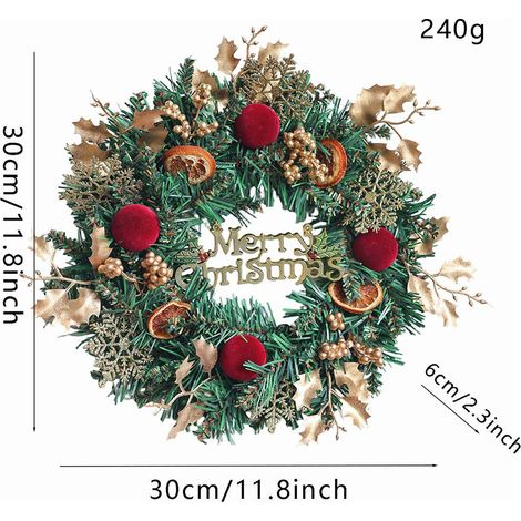 Ornement couronne de Noël style vintage, feuilles dorées tranches d’oranges boules velours rouges, décoration murale entrée maison, ornement festif pour la maison,vert (1/5)