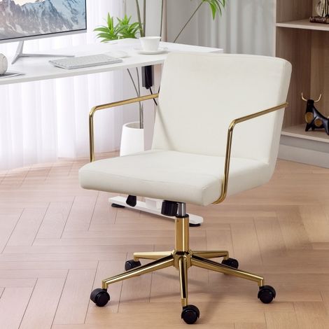 Sedia da ufficio 57x64x80-90 cm bianco crema in poliestere effetto velluto con altezza regolabile e ruote (1/4)