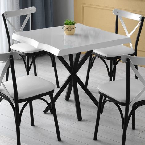 Table de salle à manger en mélaminé blanc avec pieds en métal (1/4)