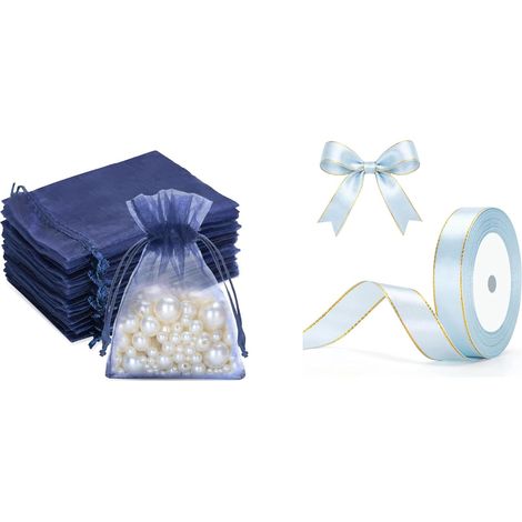 50PCS Bleu Foncé Sacs Organza et Ruban Satin Bleu ciel (1/5)