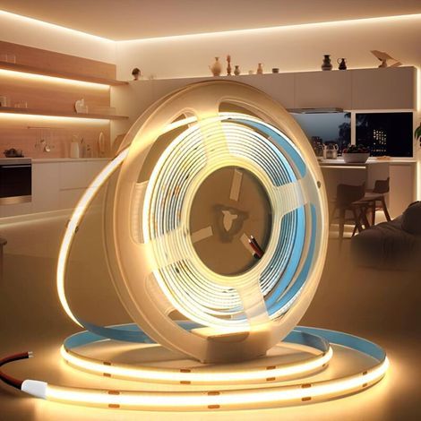 5 m 24 V COB LED-Streifen, selbstklebend, 3000 K warmweiß, flexibel, 320 LEDs/m, zuschneidbar, 8 mm Breite, CRI 90, Innenbeleuchtung für Schlafzimmer, Küche, Wohnzimmer, Spiegel (Netzteil nicht enthal (1/5)
