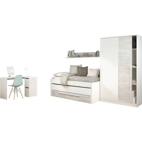 Pack Muebles Dormitorio Juvenil Completo en Color Blanco y Roble Claro Cama + Armario + Escritorio. Incluye Somieres