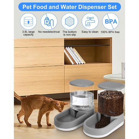 Distributore automatico di cibo per gatti, distributore di acqua per cani, 2 unità, 3,8 l, distributore automatico di cibo e acqua per gatti e cani, per cani di piccola e grande taglia, gatti (grigio) (1/4)