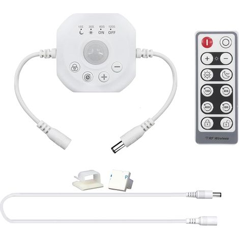 Interrupteur à Détecteur de Mouvement avec Télécommande luminosité/temporisation réglables modes jour/nuit pour bandes LED connecteurs 5521 mâle/femelle Blanc (1/5)