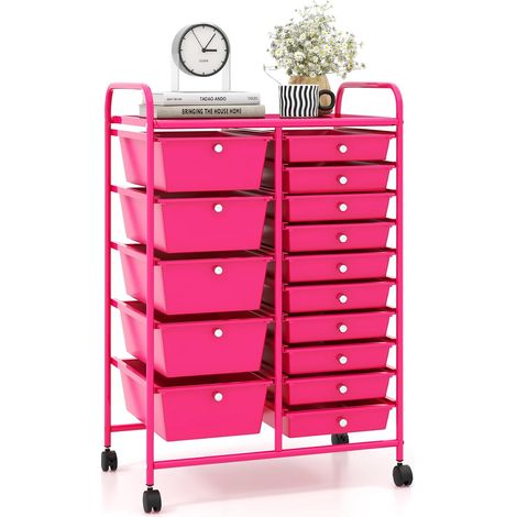 COSTWAY Carrito Auxiliar con Ruedas, Carro Almacenaje con 15 Cajones Apilables, Carrito Organizador con Ruedas Bloqueables de Metal para Cocina Oficina, Baño, 37x63x87cm (Rosa) (1/5)
