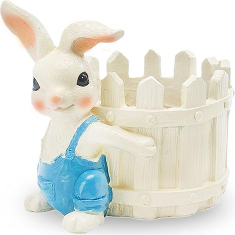 Pot à fleurs décoratif lapin en salopette bleue, pot en résine pour succulentes, 14 x 12 cm (1/5)