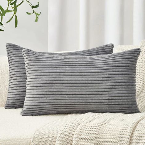 Set of 2 Soft Corduroy Decorative Cushion Covers for Living Room, Bedroom with Invisible Zipper - 30 x 50 cm - Grey (1/5)