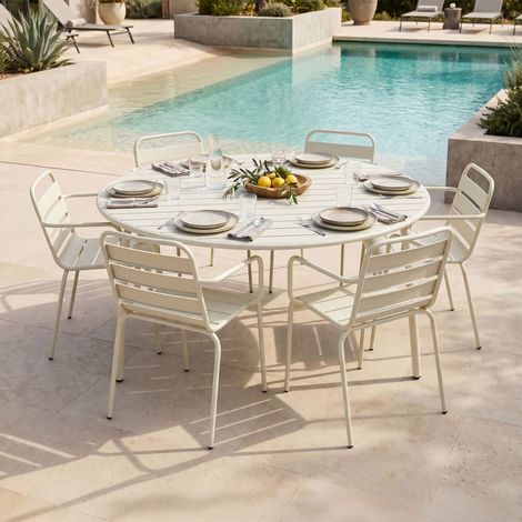 Ensemble table jardin 180 cm + 6 fauteuils en métal beige - BACA (1/4)