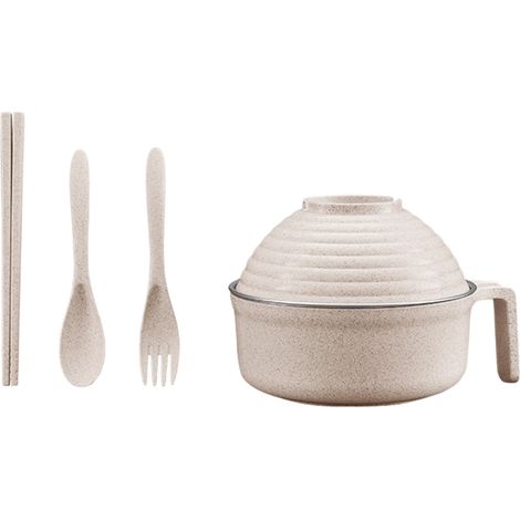 Ensemble de bols pour nouilles instantanées, bol en paille biodégradable avec couvercle et poignée, ensemble de couverts portables, bol à céréales inclus (1/5)
