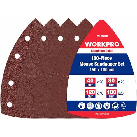 Packung mit 100 dreieckigen Schleifblättern (90 x 90 mm) – Verschiedene Körnungen (40/80/120/180) – 11 Staubabsaugöffnungen – Zum Schleifen von Metall und Holz