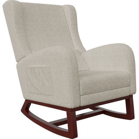 Fauteuil à bascule beige avec repose-pieds extensible, 2 poches, Coussin, Accoudoirs, Rembourrée en tissu lin (1/5)