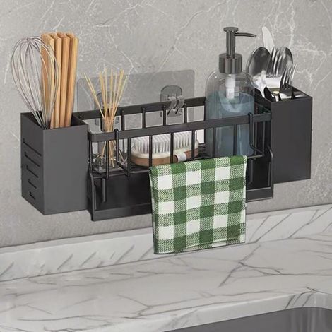 Portaoggetti per lavello da cucina - portaspugne sospeso - con portasciugamani e contenitore - materiale ABS - con scarico automatico - non necessita di foratura - nero (1/4)