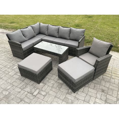 Fimous Rattan Garden Furniture Sets High Back Corner Sofa Oblong Coffee Table Set with 2 Big Footstool Armchair Dark Grey Mixed