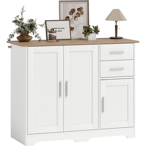 Wohnzimmer-Sideboard mit 3 Türen, Aufbewahrungseinheit mit 2 Schubladen, verstellbarem Einlegeboden, weißes Naturholz, 100x40x78 cm, niedriger Designer-Wohnzimmerschrank, TV-Möbel oder Aufbewahrungsei