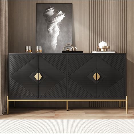 Aparador de salón con 4 puertas de motivo geométrico, manijas doradas, patas de metal, negro (1/5)