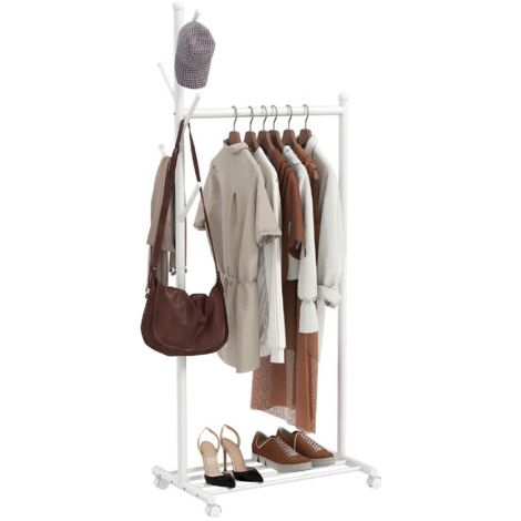 Portant à vêtements à roulettes, penderie mobile avec tringle, 5 crochets, étagère à chaussures, blanc