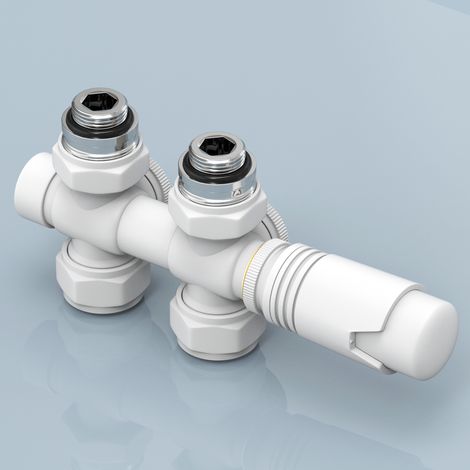 EMKE 2-in-1 Multiblock Weiß Universal Heizkörperventil Thermotstat Eck & Durchgang 50mm für 15mm Kupfer & 16mm Pex (1/5)