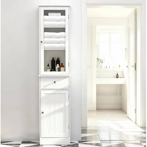 Mobile bagno alto 40x27x171,5 cm in MDF bianco, con contenitore per piccolo bagno moderno FloraGrace (1/5)