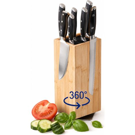 Relaxdays Messerblock magnetisch, Borsteneinsatz, drehbar, Bambus, HxBxT: 26 x 10,5 x 10,5 cm, Messerständer, natur (1/5)