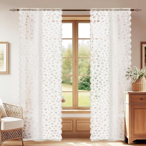 Rideau Semi-Transparent, Lot De 2, 70x150cm, Blanc-Fleurs (1/5)