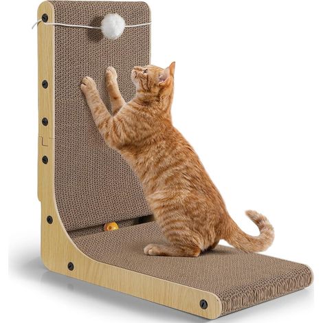 Griffoir Chat Carton en Forme de L 47 cm, Épais avec Boule à Grelot, Grande Taille à Fixer au Mur, Jouet pour Protéger Meubles et Canapés (1/5)