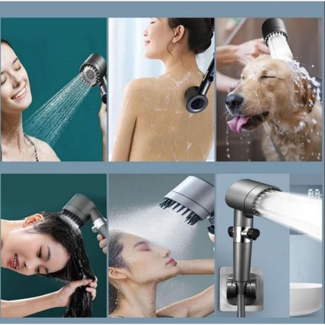 Pommeau douche anti calcaire - Lot 1 - Haute pression 3+1 jets - Avec filtre - Tuyau 1.5m gris Aucuneary (1/5)
