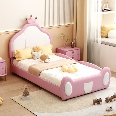 Letto imbottito per bambini 90x200 cm, design patchwork bicolore, tessuto in similpelle - Rosa (1/5)