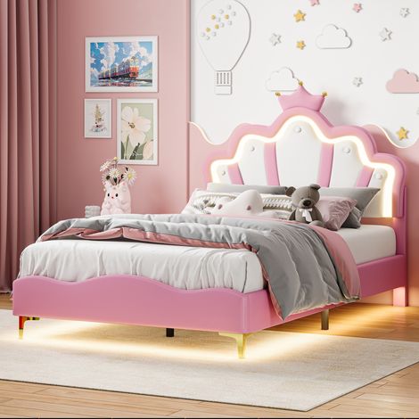 lit princesse 140 x 190, lit enfant avec LED, lit fille, Sommier Inclus, Tête de lit réglable, chambre d'adolescent, PU, Rose