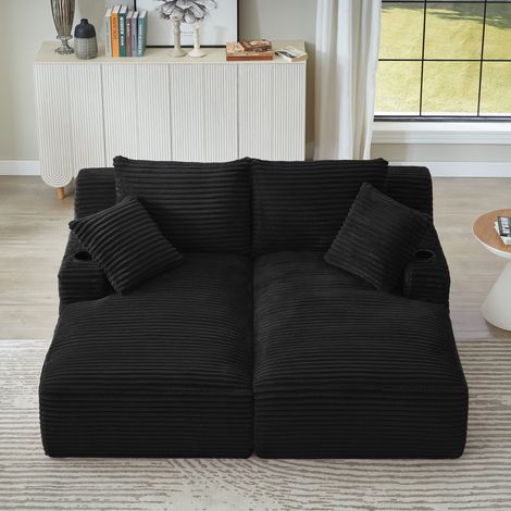 Divano doppia chaise longue compresso in tessuto a coste nero con portabicchieri – MEUBLIV (1/5)