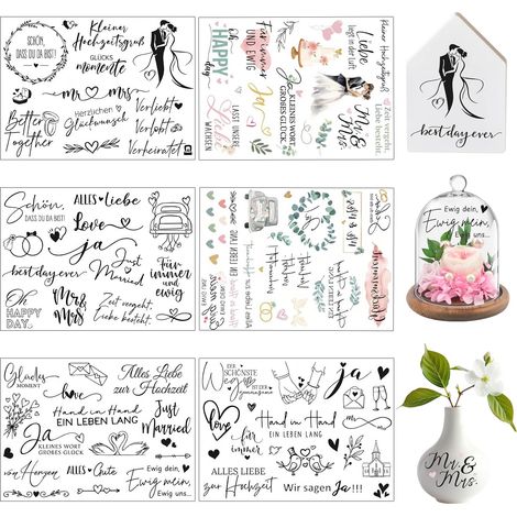 Lot de 6 autocollants de transfert de mariage avec inscription en allemand « Alles Liebe zur Hochzeit » - Autocollant - Pour meubles, verre, bois, album photo, bricolage, décoration (1/5)