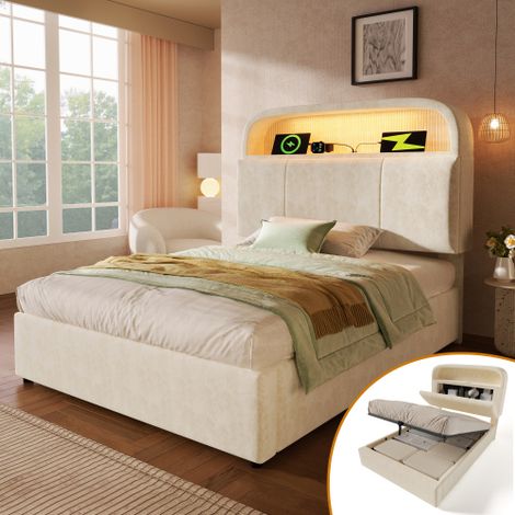 Polsterbett Einzelbett 90x200 cm mit höhenverstellbarem Stauraum-Kopfteil, Hydraulisches Bett mit LED-Beleuchtung & USB/Type-C Ladestation, Samt, Beiger, inkl. Lattenrost (Ohne Matratze)