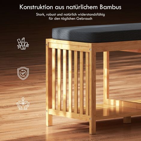 Banc à chaussures en bambou, banquette d'entrée avec coussin rembourré et rangement ouvert, aspect bois naturel (1/5)