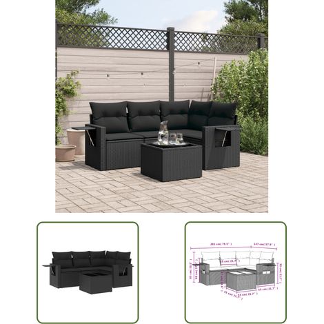 The Living Store Salon de jardin 5 pcs avec coussins noir résine tressée - Ensemble Salon De Jardin - Meuble De Jardin - Jardin Extérieur - Mobilier De Jardin Design - Set Salon Extérieur (1/3)