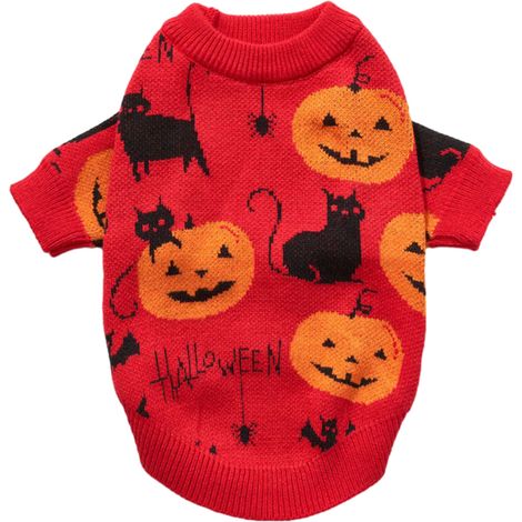 1 pull citrouille pour chien ou chat, costume d'Halloween, tricoté en coton, noir/rouge/orange, taille L (1/5)