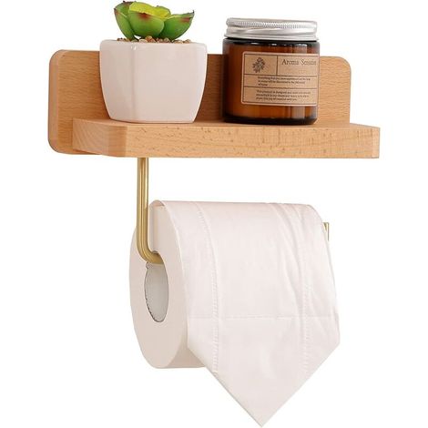 Wooden Toilet Paper Holder with Shelf Self Adhesive Wall Mounted Toilet Paper Holder for Bathroom