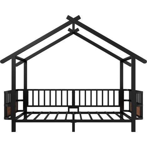 Kinderbett aus Metall in Hausform mit Sicherheitsbarriere, Schwarz, 90 x 200 cm (1/5)