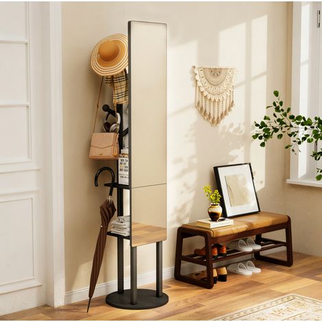 Porte-manteau miroir en pied pivotant à 360° avec rangement, noir, 174 x 40 cm (1/5)