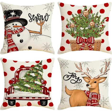 Housse de Coussin Noël,Lot de 4 45x45Taie d'oreiller,Taie d'oreiller de Noël Lin de Coton,Coussin Noel,pour Intérieur,Canapé (1/5)