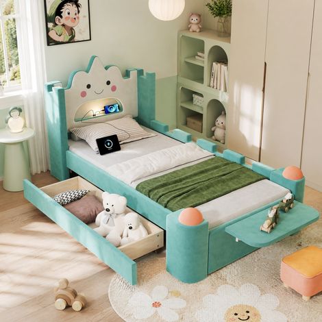 Letto imbottito per bambini 240x122.5x106 cm, testiera a nuvola, lampada da lettura USB, cassetto, velluto bluverde (1/5)