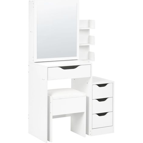 Coiffeuse Minimaliste en MDF avec Miroir et Tabouret 4 Tiroirs 3 Étagères Blanche Gatineau
