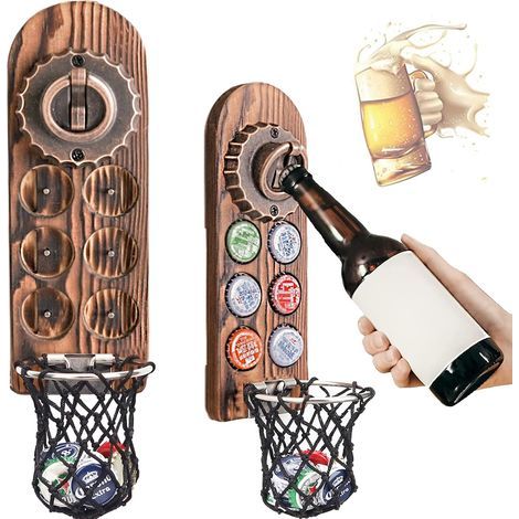 Magnétique Ouvre Bouteille Mural en Bois, Decapsuleur Mural Biere Vintage, Décapsuleur Original avec Cap Catcher, Accessoire Bar Exterieur, Biere Cadeau Homme pour Papa, Amie et Collègue (Style 6) (1/5)